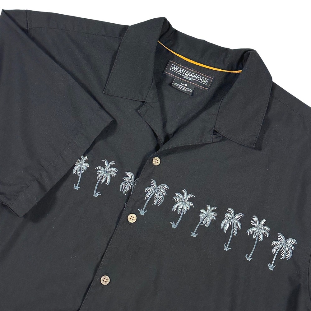 Weatherproof Camp Collar Shirt Mens L Black Palm Tree Embroidered ResortShirt